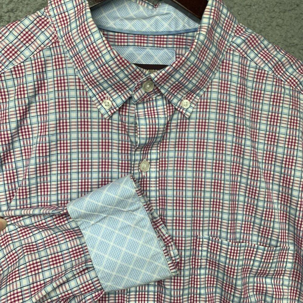 Johnston & Murphy Shirt Mens XL Pink Blue Check Dress Shirt Contrast Cuff